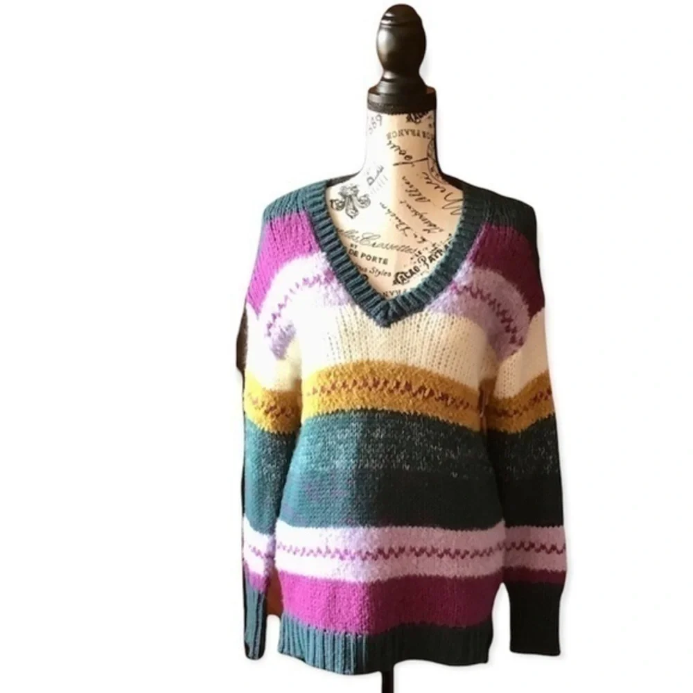 Caslon Striped V-Neck Knit Sweater Womens XS Colorblock Pullover Coastal Preppy